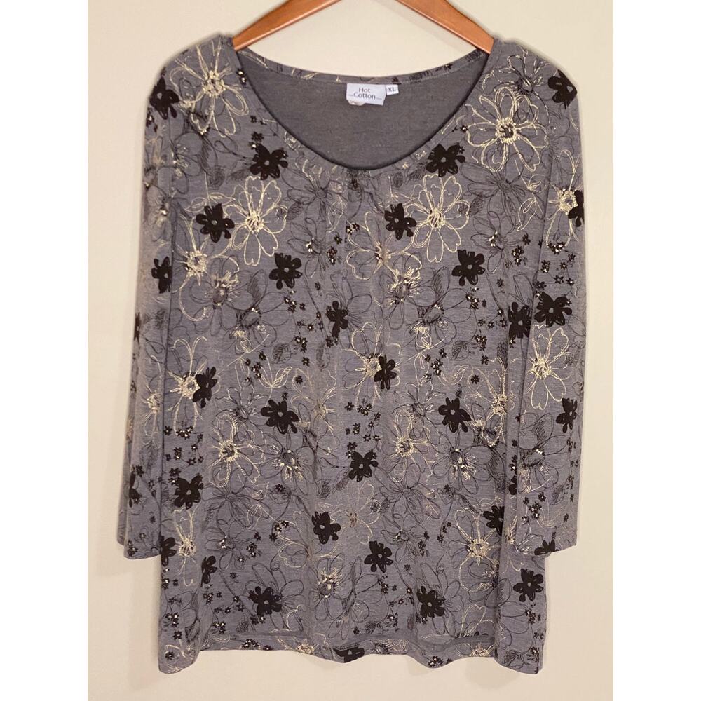 Hot Cotton Top Womens XL 3/4 Sleeve Brown Floral Print Gold Stretchy Shirt USA